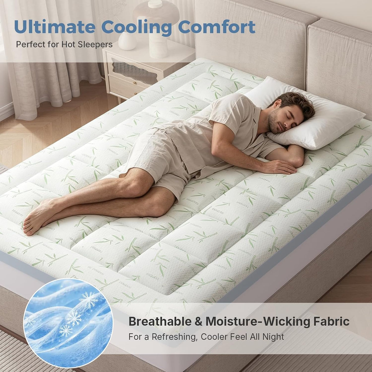 DUMOS Queen 3in Dual Layer Gel Memory Foam Bamboo Rayon Mattress Topper