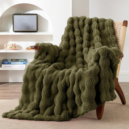 EXQ Home Fluffy Rabbit Faux Fur Throw Blanket for Couch Green