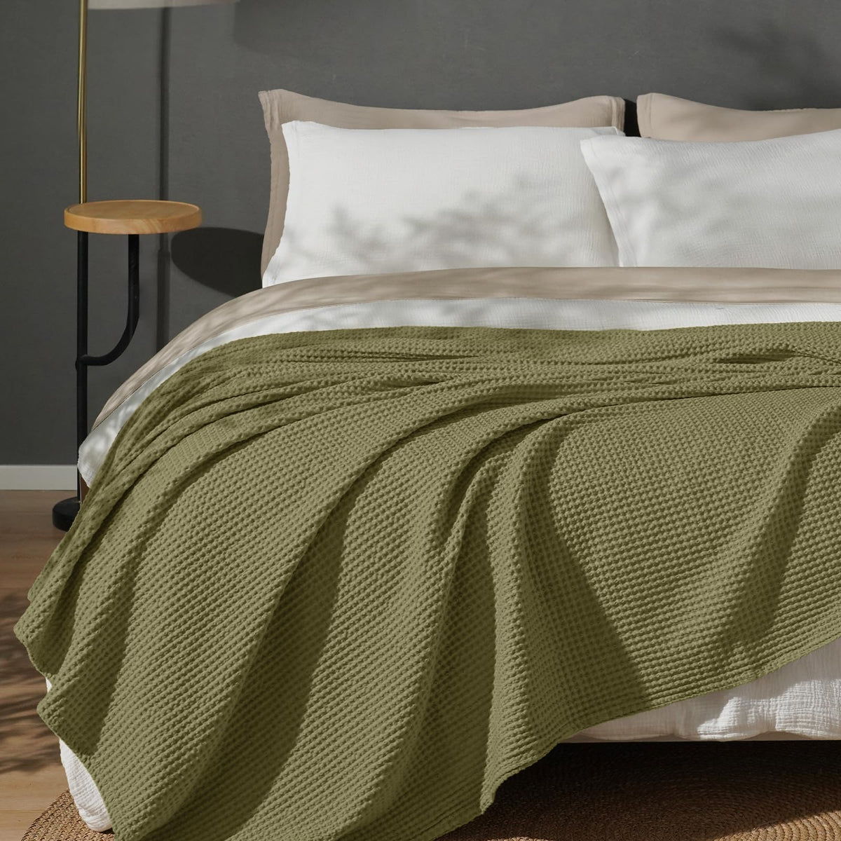 PHF 100% Cotton Waffle Blanket Lightweight Breathable, Twin Size, White