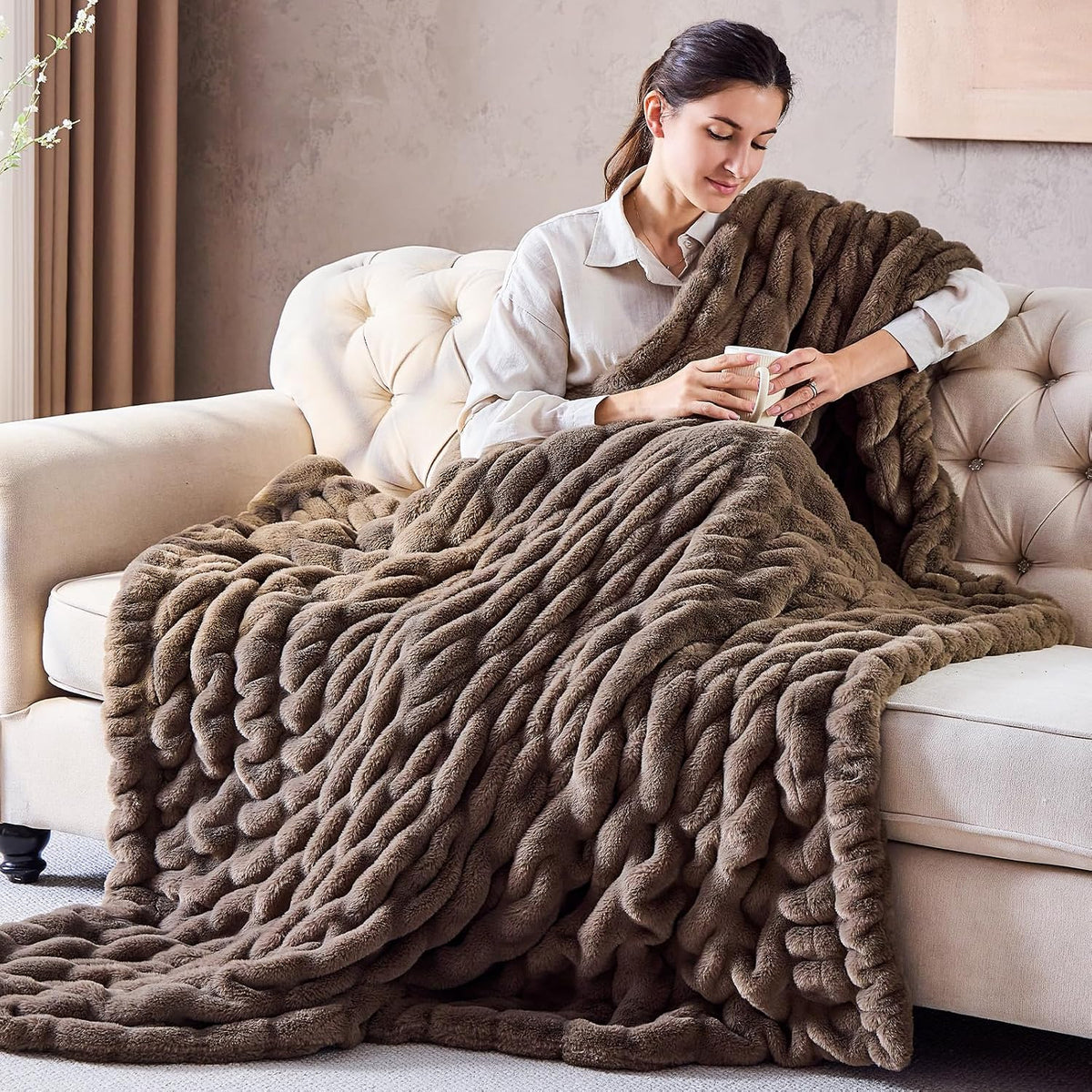 Double Sided Ruched Faux Rabbit Fur Throw Blanket,60x80,Driftwood