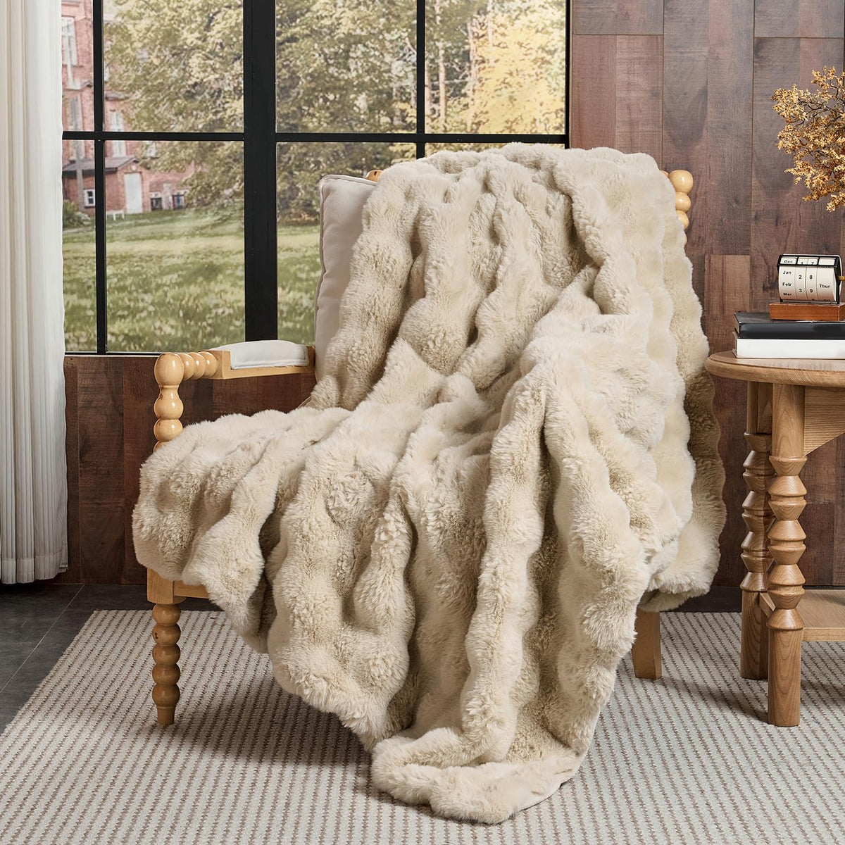 Lotus Karen Faux Fur Blanket - Cream White Twin Size, Big Bubble Rabbit Fluff, 60x80 Inches