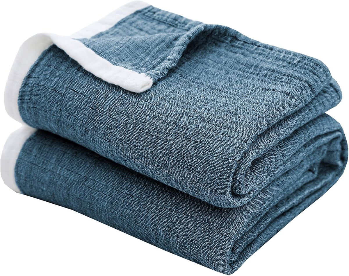 SE SOFTEXLY Muslin Throw Blanket, 4-Layer Dyed Yarn, 80”x90”, Denim Blue