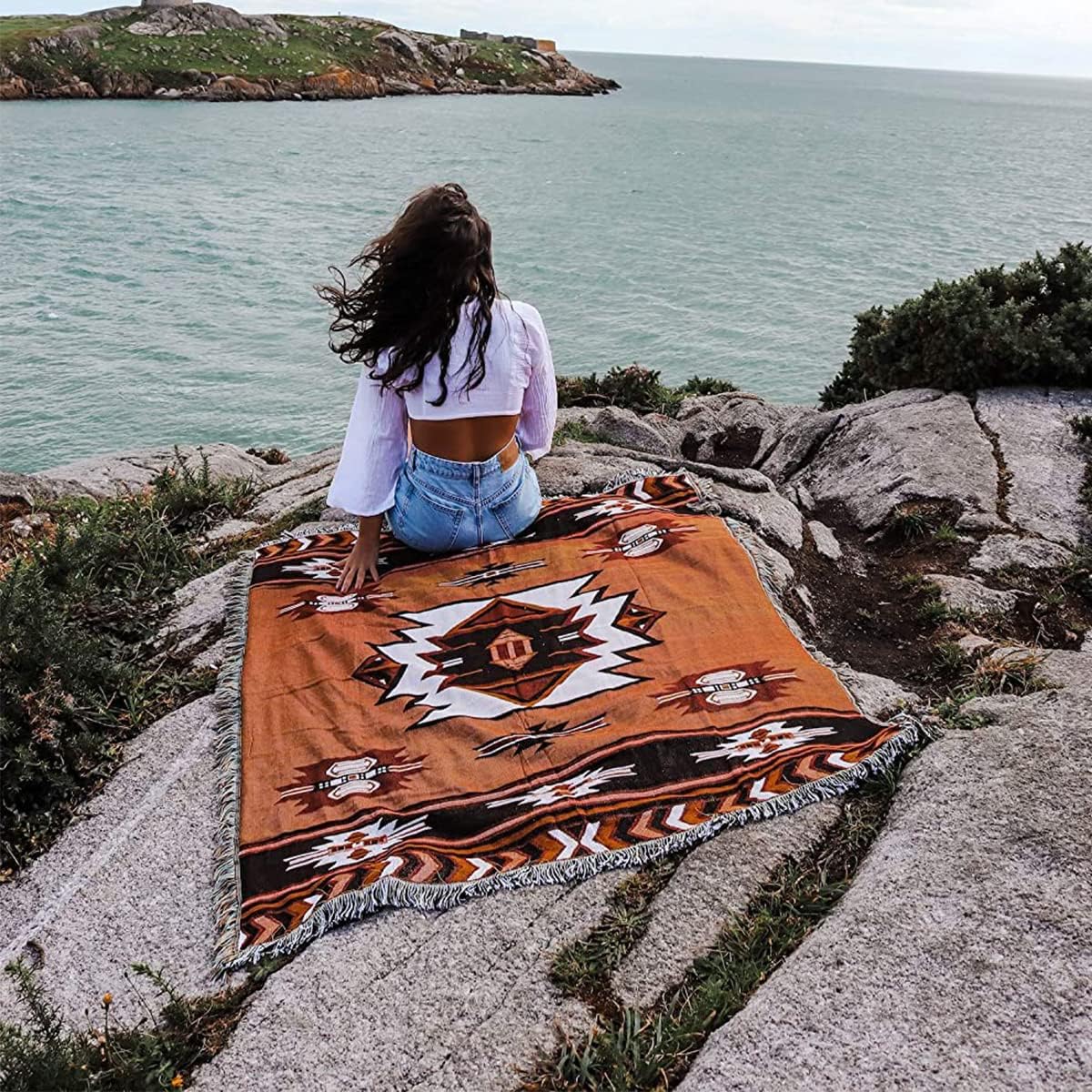 Aztec Throw Blanket Native American Blanket Southwestern Boho Decor Reversible Woven Tassels Mexican Blankets and Throws for Couch Bed Chair Wall Livingroom Outdoor Travel Brown 63"x87"