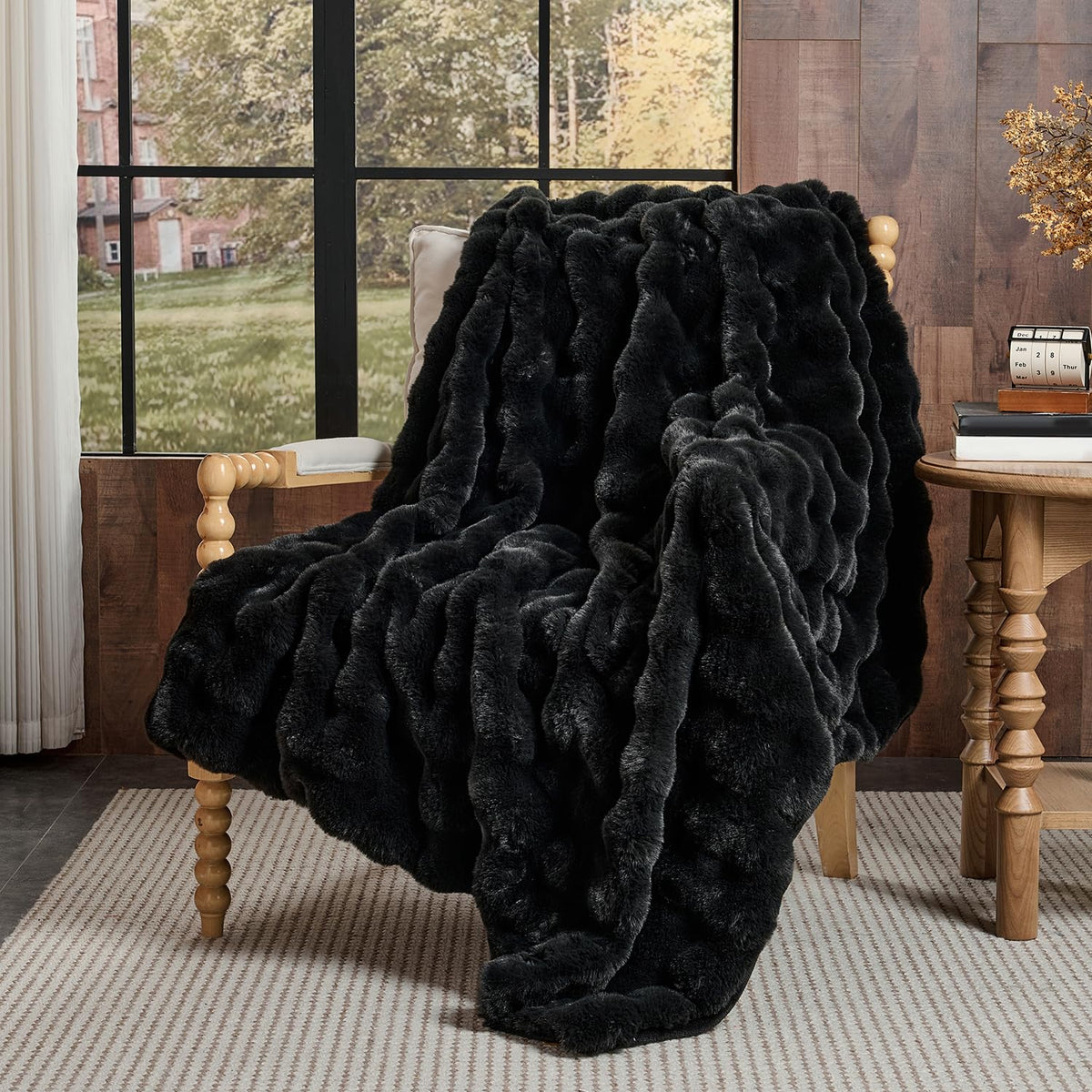 Lotus Karen Faux Fur Blanket - Cream White Twin Size, Big Bubble Rabbit Fluff, 60x80 Inches