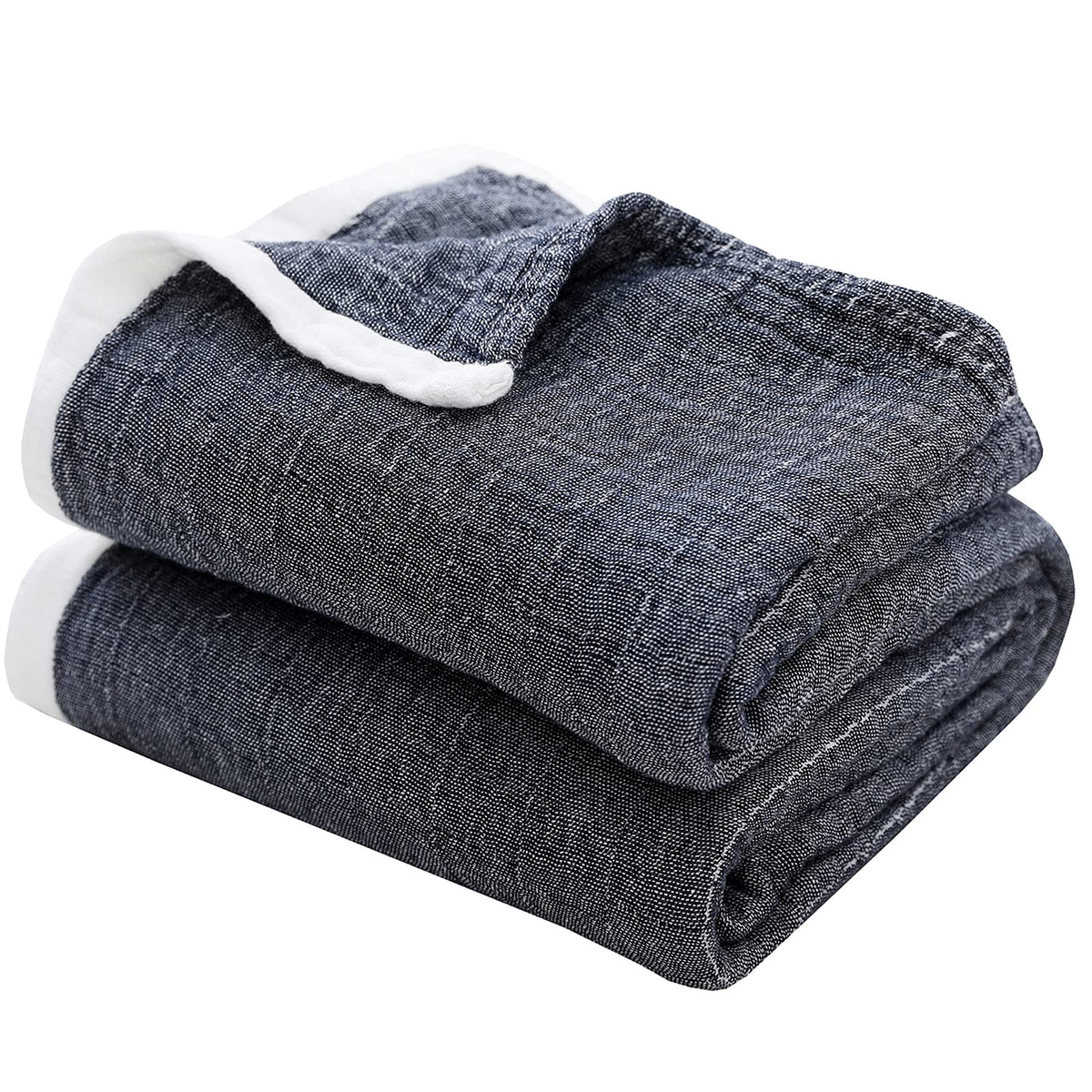 SE SOFTEXLY Muslin Throw Blanket, 4-Layer Dyed Yarn, 80”x90”, Denim Blue