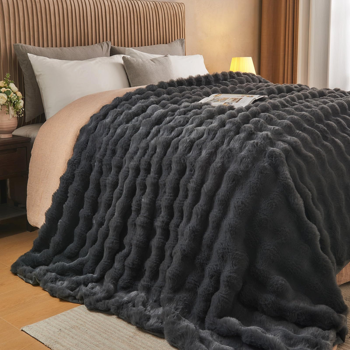 Lotus Karen Faux Fur Blanket - Cream White Twin Size, Big Bubble Rabbit Fluff, 60x80 Inches