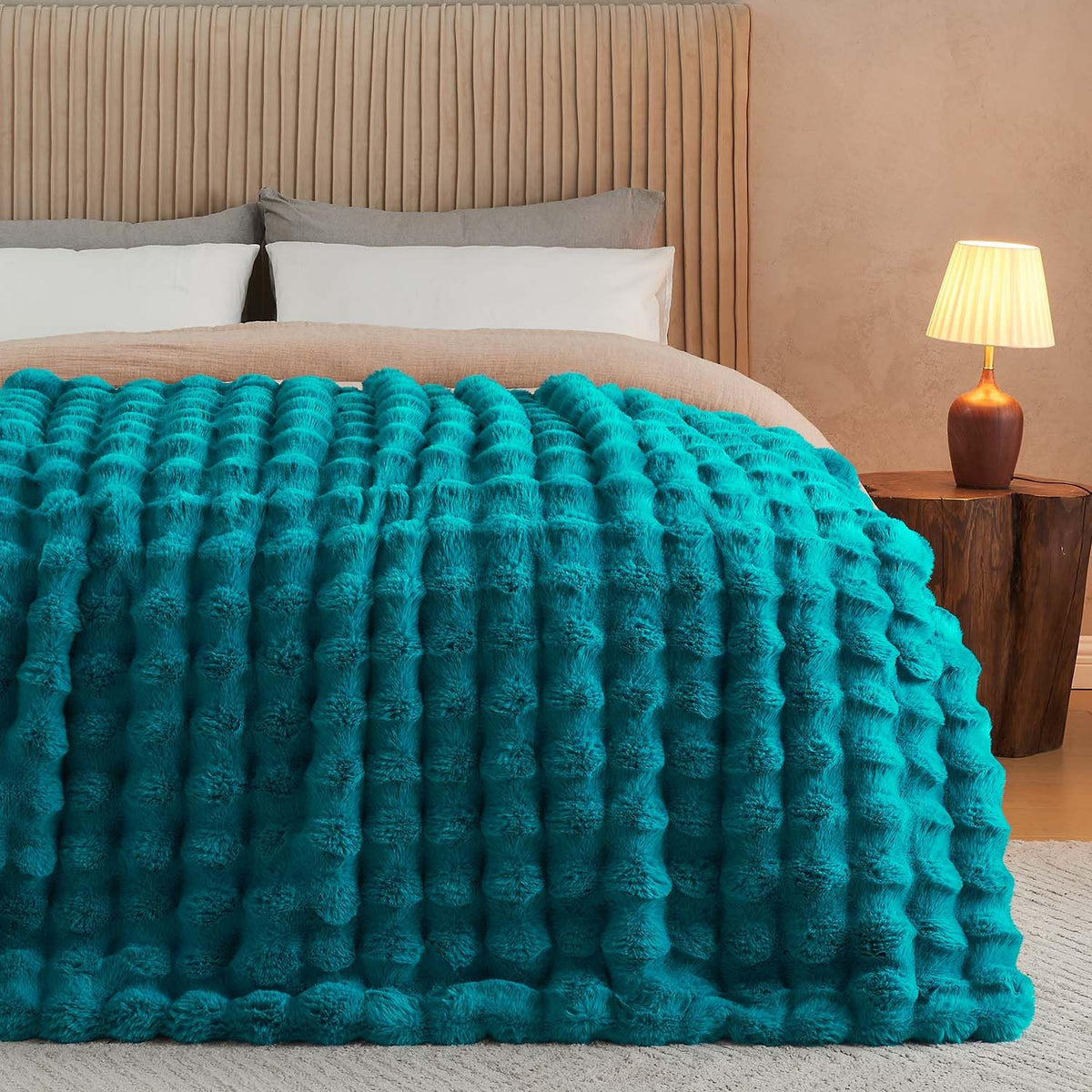 Lotus Karen Faux Fur Blanket - Cream White Twin Size, Big Bubble Rabbit Fluff, 60x80 Inches