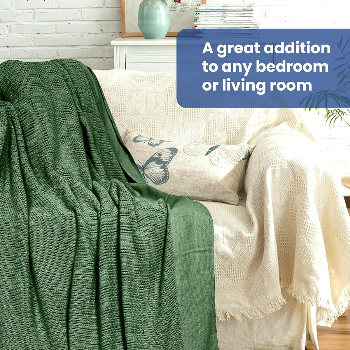 Linteum 100% Cotton Open-Cell Leno Weave Blanket — Breathable All Season — Queen 90x90 — Hunter Green