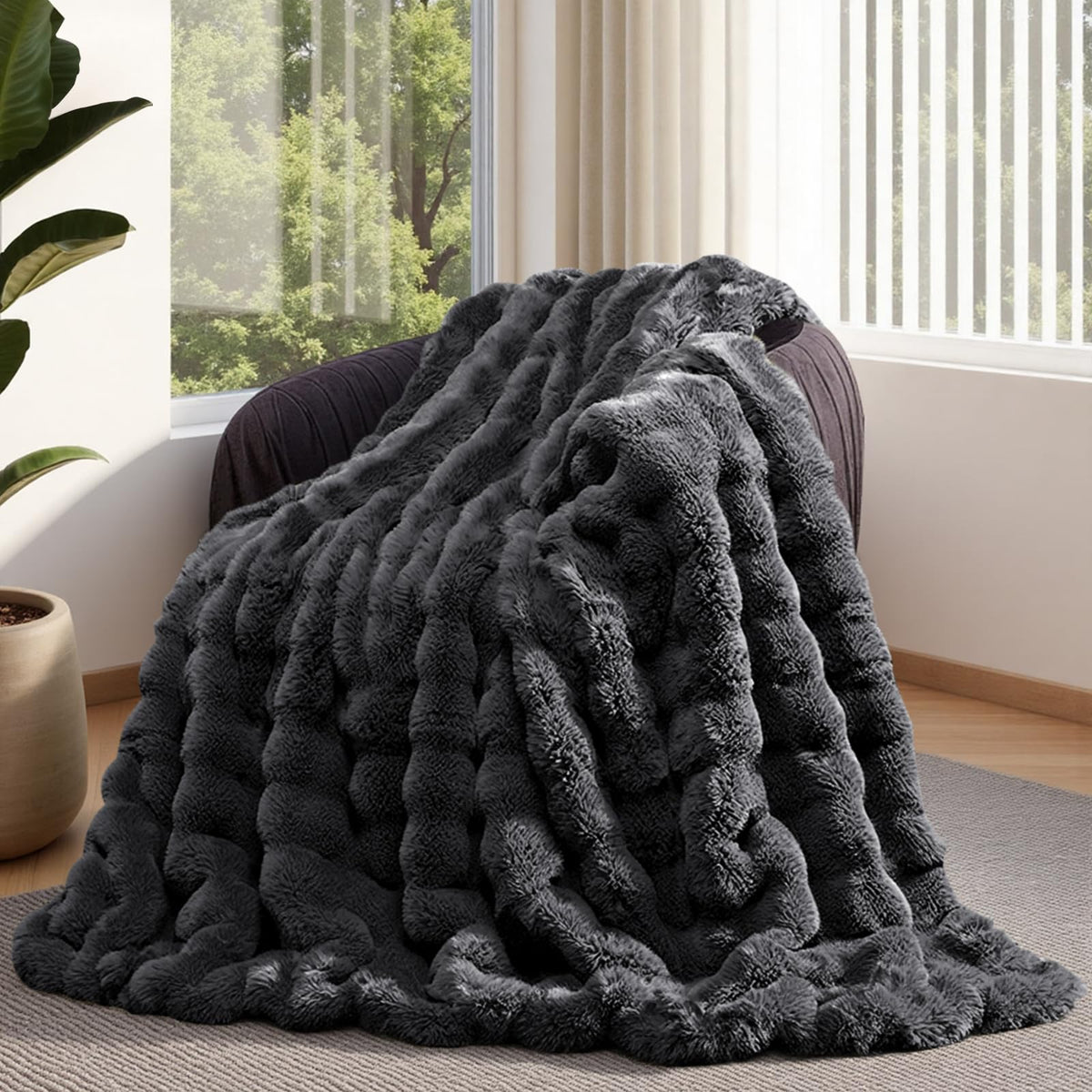 Lotus Karen Faux Fur Blanket - Cream White Twin Size, Big Bubble Rabbit Fluff, 60x80 Inches