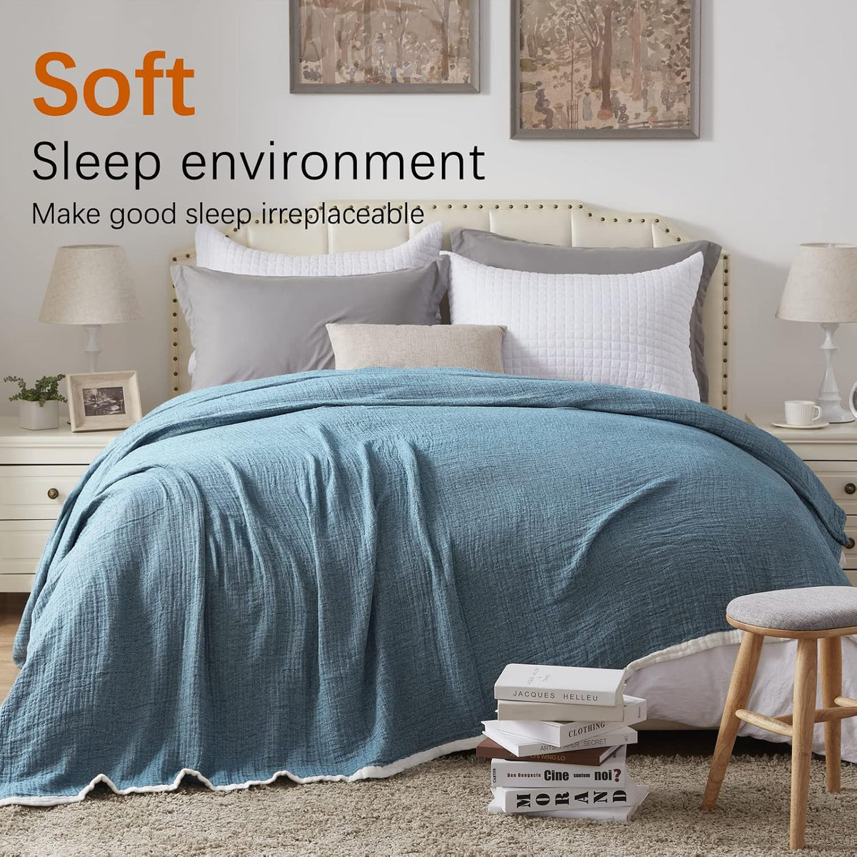 SE SOFTEXLY Muslin Throw Blanket, 4-Layer Dyed Yarn, 80”x90”, Denim Blue