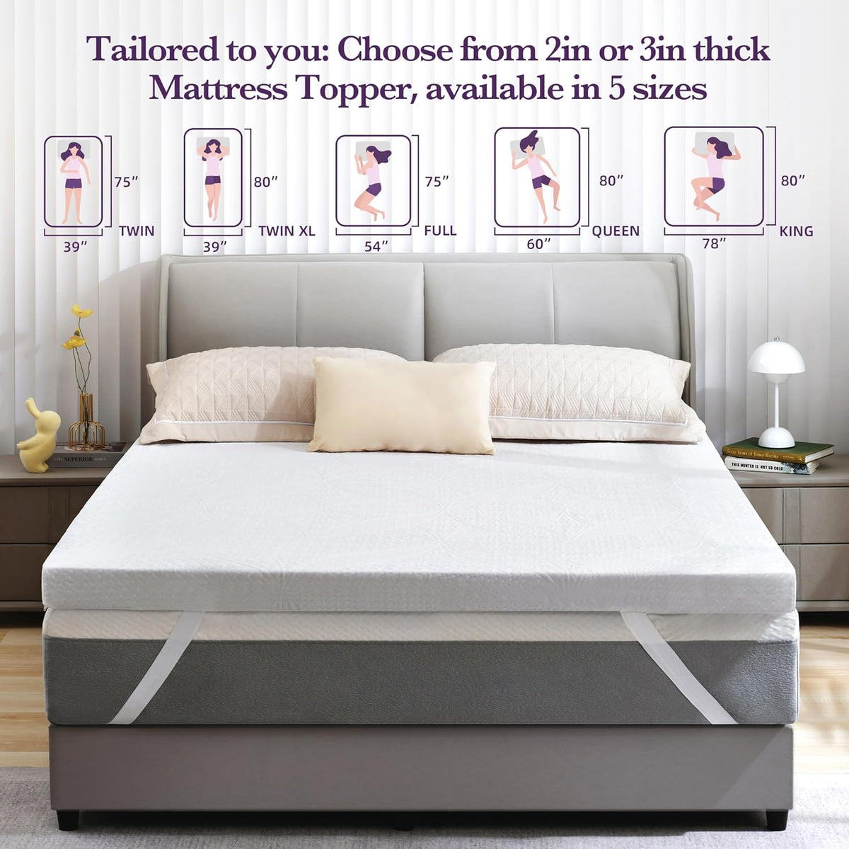 SINWEEK 2 Inch Gel Memory Foam Mattress Topper, Queen Size