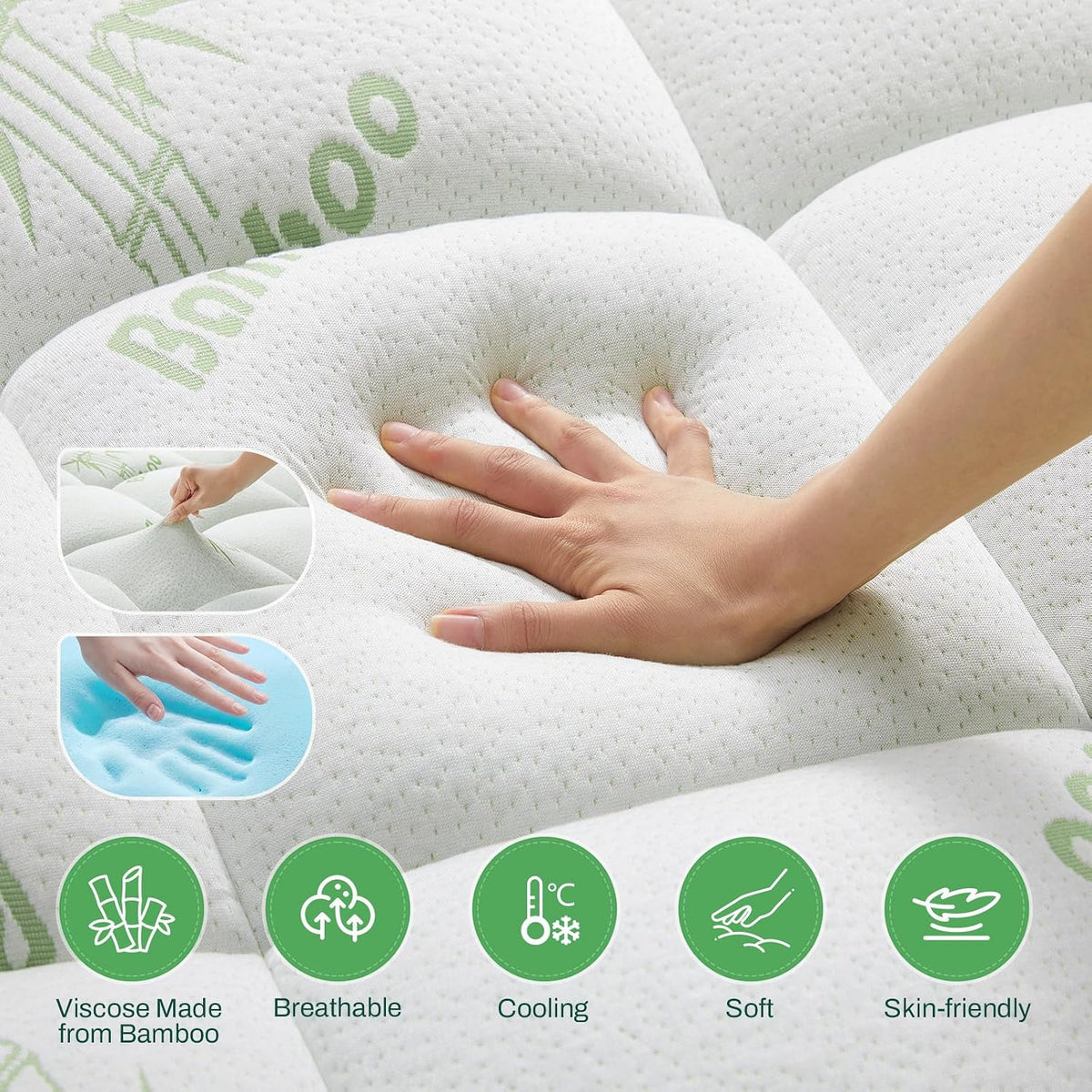 MASVIS 4 Inch Queen Mattress Topper, 2-in-1 Dual Layer Design, 2" Gel Memory Foam and 2" Pillow Top Mattress Pad Cover, Viscose Made from Bamboo, Pressure Relief & Medium Firm Support
