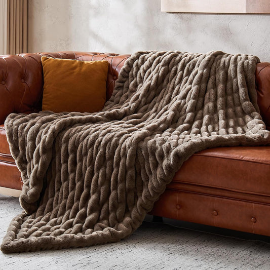 Double Sided Ruched Faux Rabbit Fur Throw Blanket,60x80,Driftwood