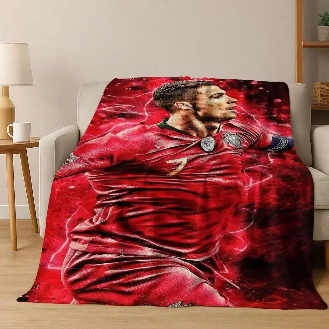 3D GOAT Ronaldo Cartoon Flannel Blanket - Polyester Fiber Throw, Cozy Warm Fluffy Soft Durable Fleece Blanket for Adults, Home & Travel Use on Sofa Bed Birthday Christmas Gift