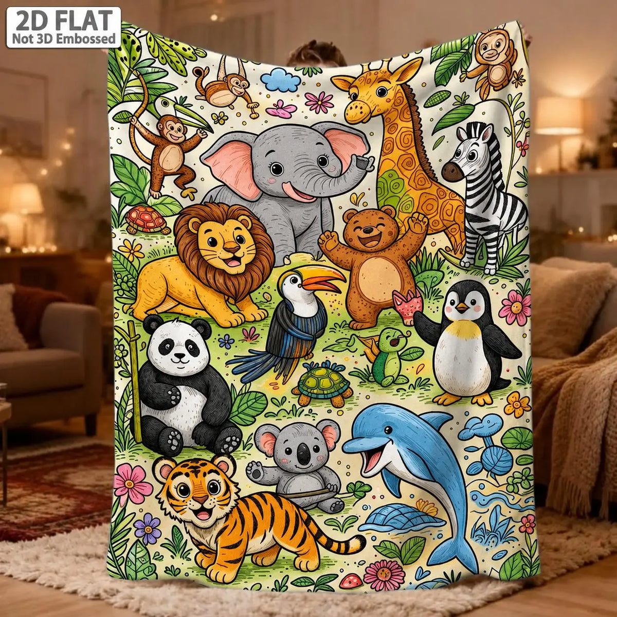 （No markers included）Flannel Throw Blanket with 2D Flat Jungle-Ocean Animal Line Art - Wrinkle Resistant, Anti-Pill, Fluffy, Machine-Washable All-Season Accent Blanket for Sofa, Nap, Child Gift, Throw Blankets, Flannel Fabric