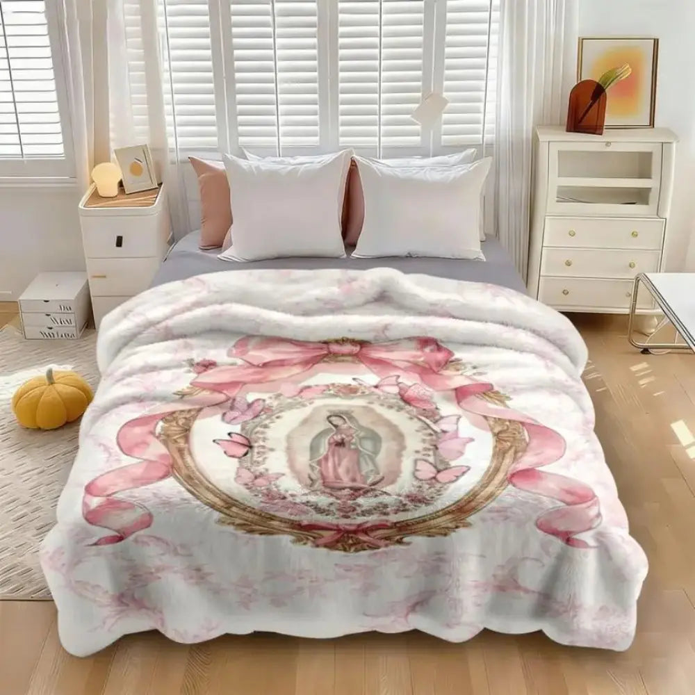 Virgin Mary Our Lady of Guadalupe Pink Bow Frame Flannel Blanket Soft Funny Throw Blanket Cozy Lightweight Plush Portable Cover Blanket For Sofa,Warm Gift For Birthday,Christmas,Multiple Blanket Cozy Chic Blanket Flannel Throw Blankets