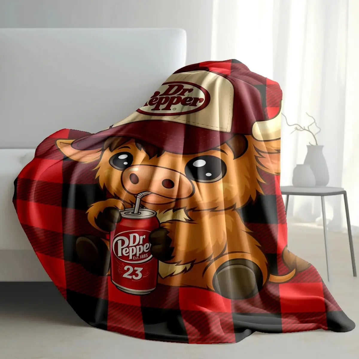 Highland Cow in Hat Cute Pattern Dr Pepper Flannel Throw Blanket - Red and Black Checkerboard Pattern Blanket, 1 Count Soft Lightweight Warming Bedding, Machine Washable for Easy Upkeep,sohochic