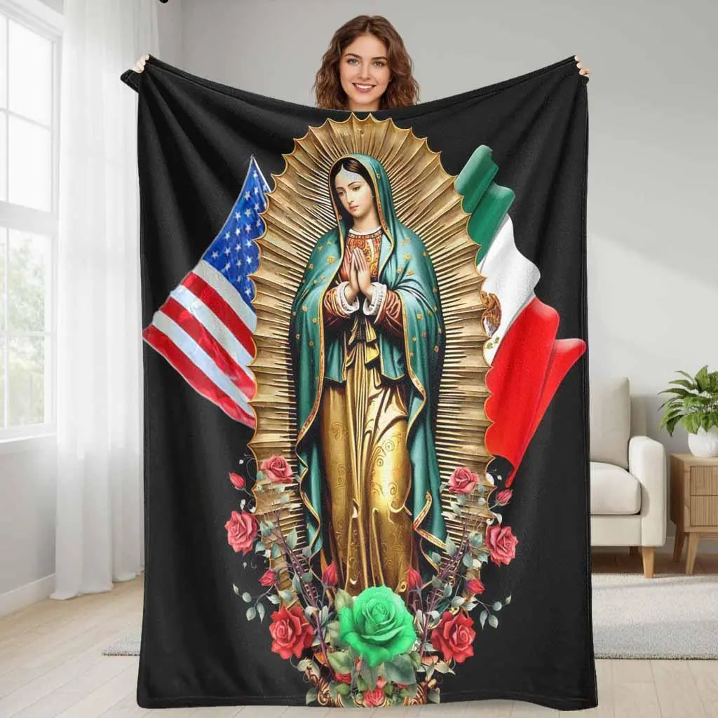 Virgin Mary Flannel Throw Blanket - American Patriotic USA-Mexico Flag Floral Print, Soft Warm Lightweight Wrinkle Resistant Flannel Fabric, Fits Sofas Beds and Cars, Ideal for Room Decor Cozy Setup & Gifting,sohochic