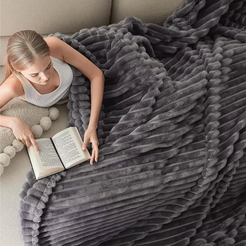 Luxurious Faux Rabbit Fur Striped Blanket - Ultra Soft 2m x 2.3m Flannel Throw for Soft Girl Bedroom - Warm Sensorial Immersion Blanket for All-Season Home Decor - High-Texture Cozy Nap Blanket for Couch & Travel #SoftGirl #CozyVibes #HomeFinds