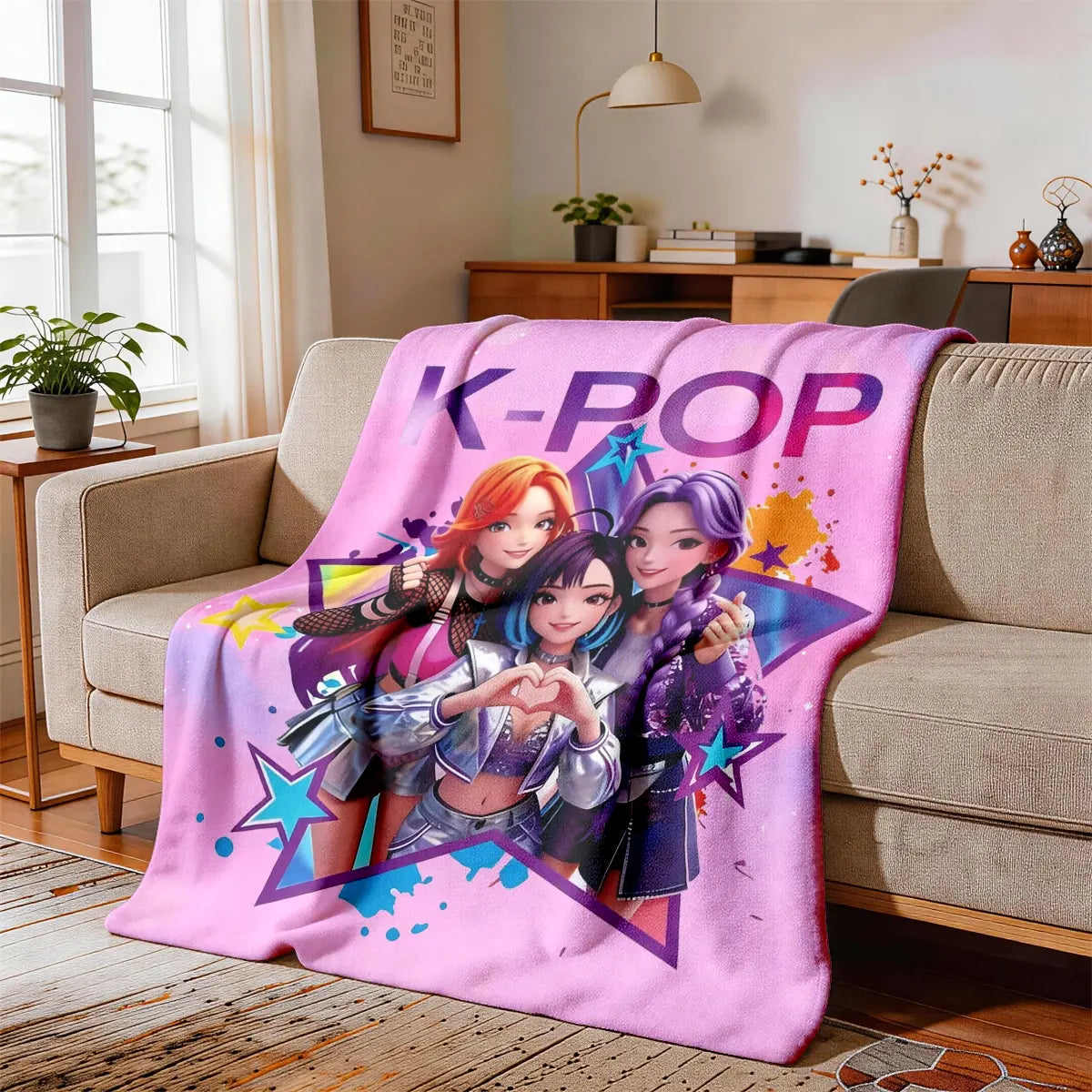 K-Pop Girl Group Illustration Flannel Blanket, Soft Blanket Throw, Large Size, Soft and Lightweight, Perfect for All Seasons, Ideal for Bed, Sofa, Office, Camping, Travel