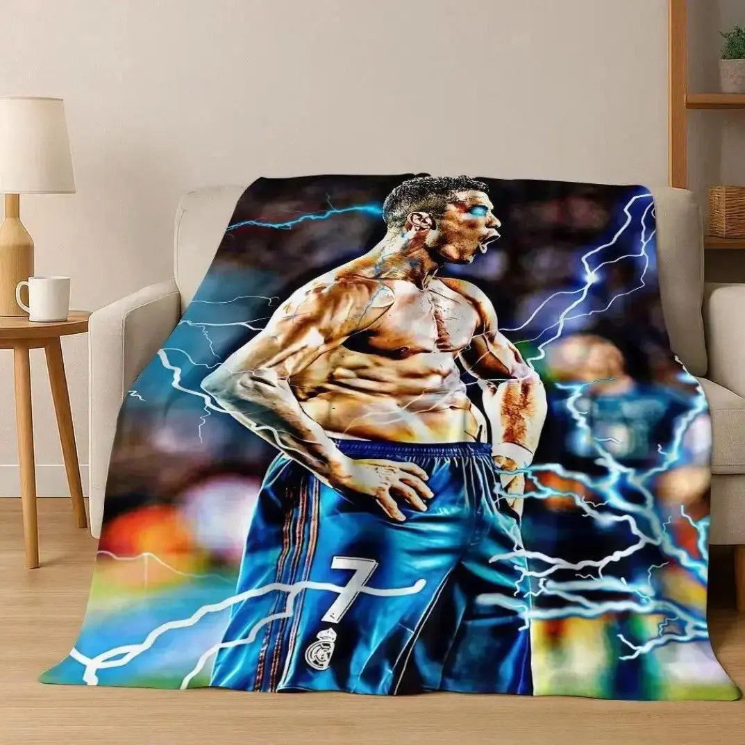 3D GOAT Ronaldo Cartoon Flannel Blanket - Polyester Fiber Throw, Cozy Warm Fluffy Soft Durable Fleece Blanket for Adults, Home & Travel Use on Sofa Bed Birthday Christmas Gift