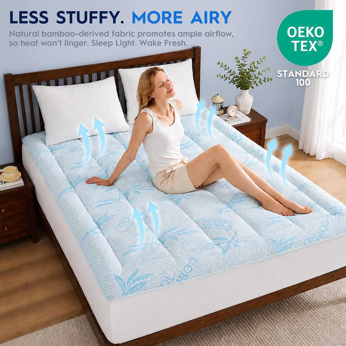 Waterproof Mattress Pad Queen Size, Mattress Topper Cooling for Hot Sleepers Made with Bamboo Viscose, Cloud-Soft Memory Foam Mattress Topper, Pillow Top Mattress Cover with 8-21" Deep Pocket