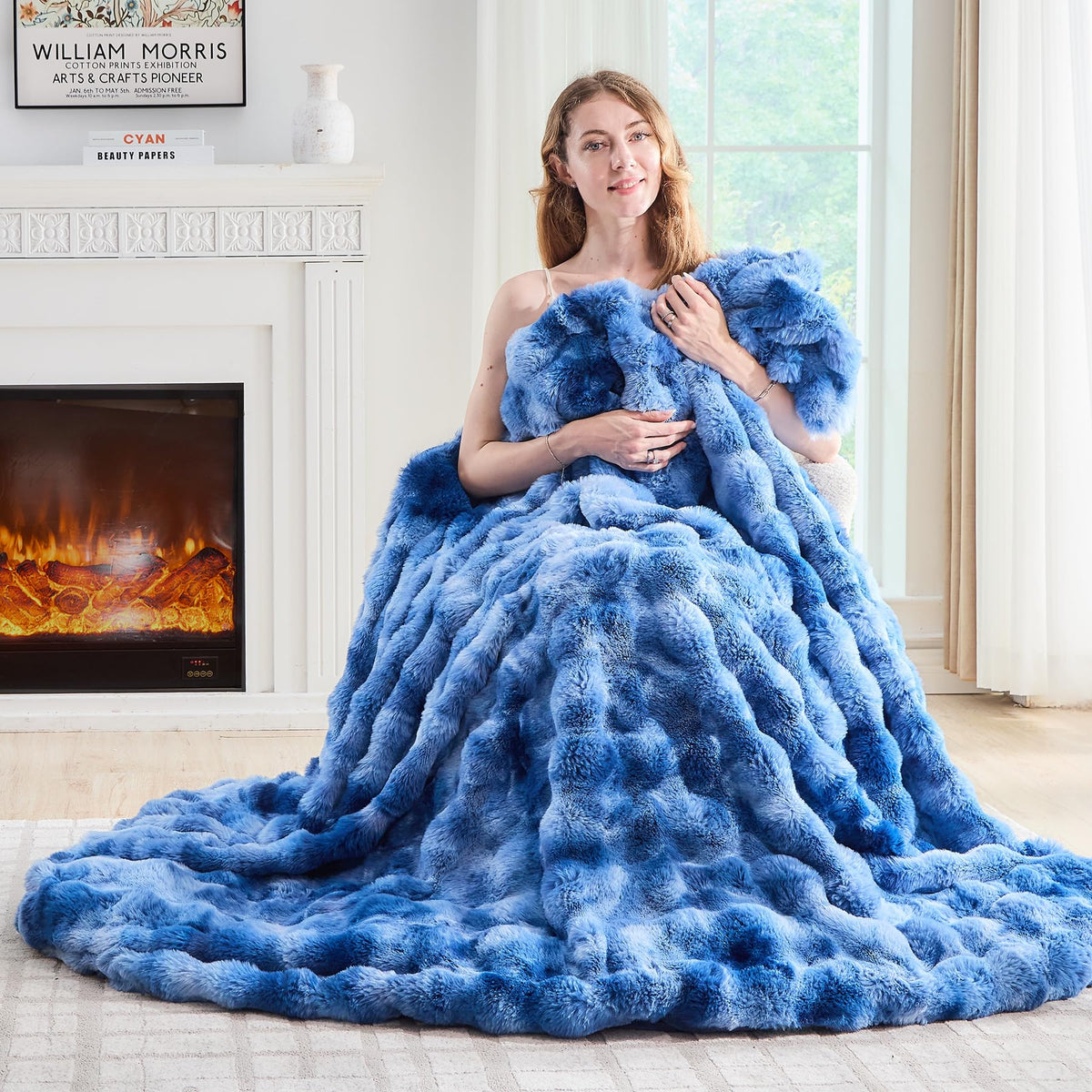 Lotus Karen Faux Fur Blanket - Cream White Twin Size, Big Bubble Rabbit Fluff, 60x80 Inches