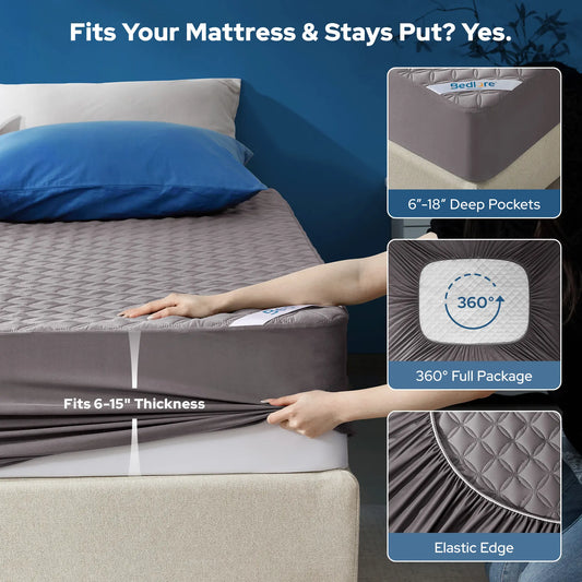 【HomeEssentials】BEDLORE Classic Summer Cooling Breathable Water Resistant Topper, Small Copper Coins Design, 6-18'' Deep Pocket, Soft TPU Layer, 360° Elastic Skirt Hugs, Ideal for Home & Guests Daily Use