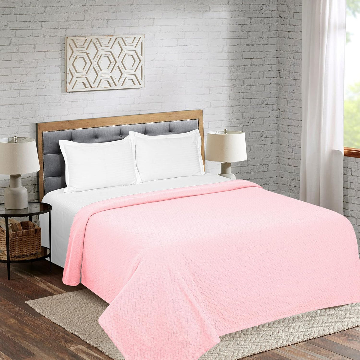 BELIZZI Home 100% Cotton Bed Blanket, Breathable Thermal Blanket Twin Size, Soft Chevron Thermal Blanket 60"x90", Cotton Bed Blanket, Perfect for Layering Any Bed for All Season, Pink