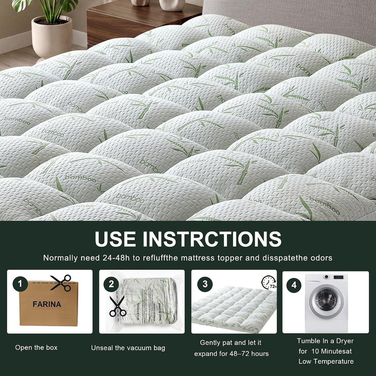 4 Inch Mattress Topper Memory Foam Cooling Bamboo Queen Size
