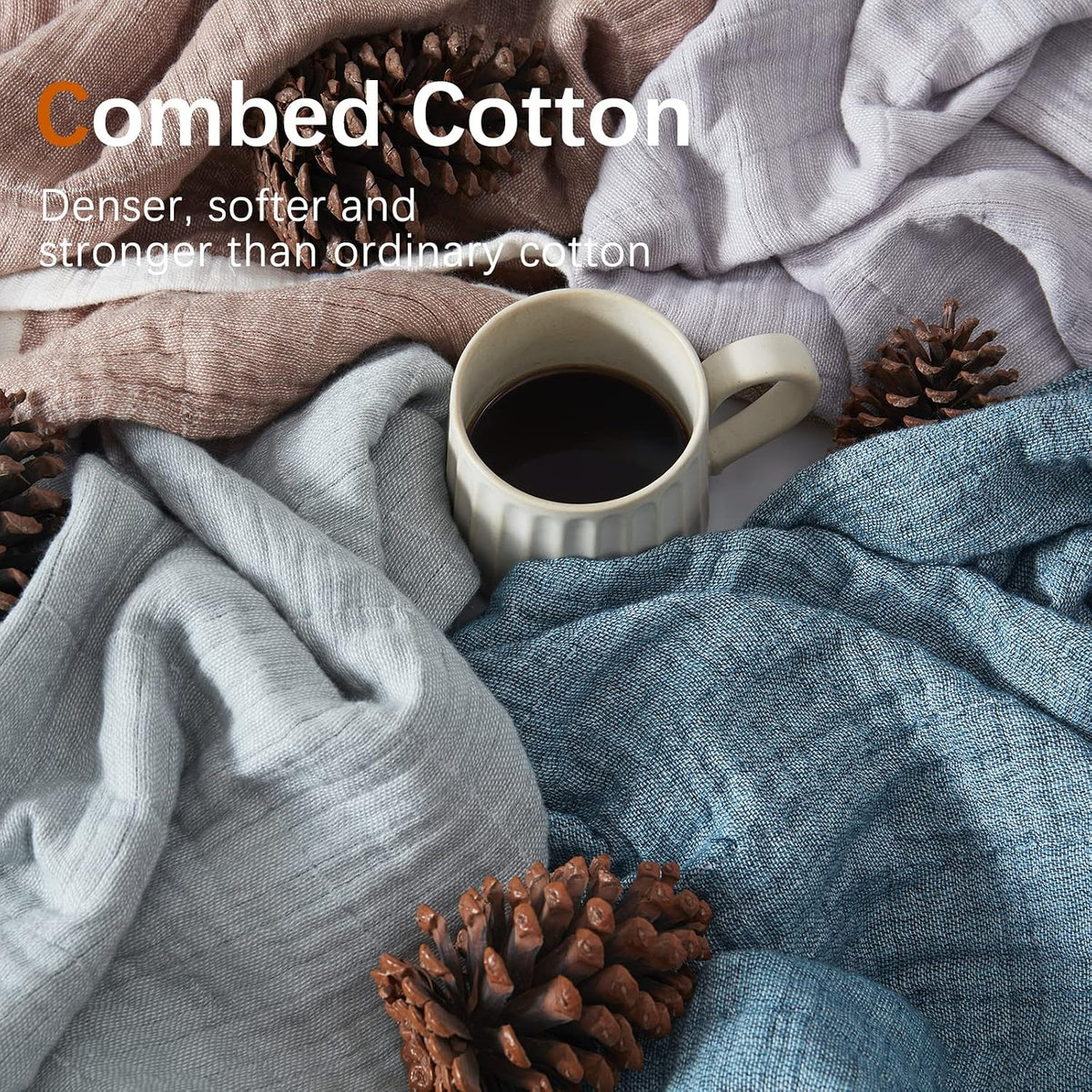 SE SOFTEXLY Muslin Throw Blanket, 4-Layer Dyed Yarn, 80”x90”, Denim Blue
