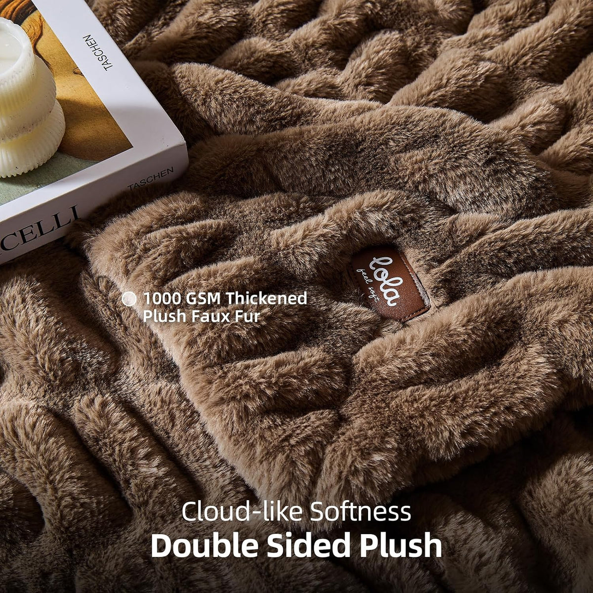 Double Sided Ruched Faux Rabbit Fur Throw Blanket,60x80,Driftwood