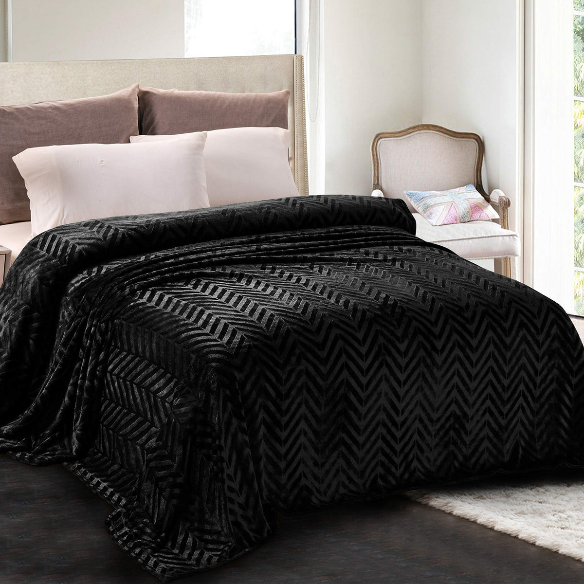 Whale Flotilla Flannel Fleece Fall Bed Blanket King Size, Black