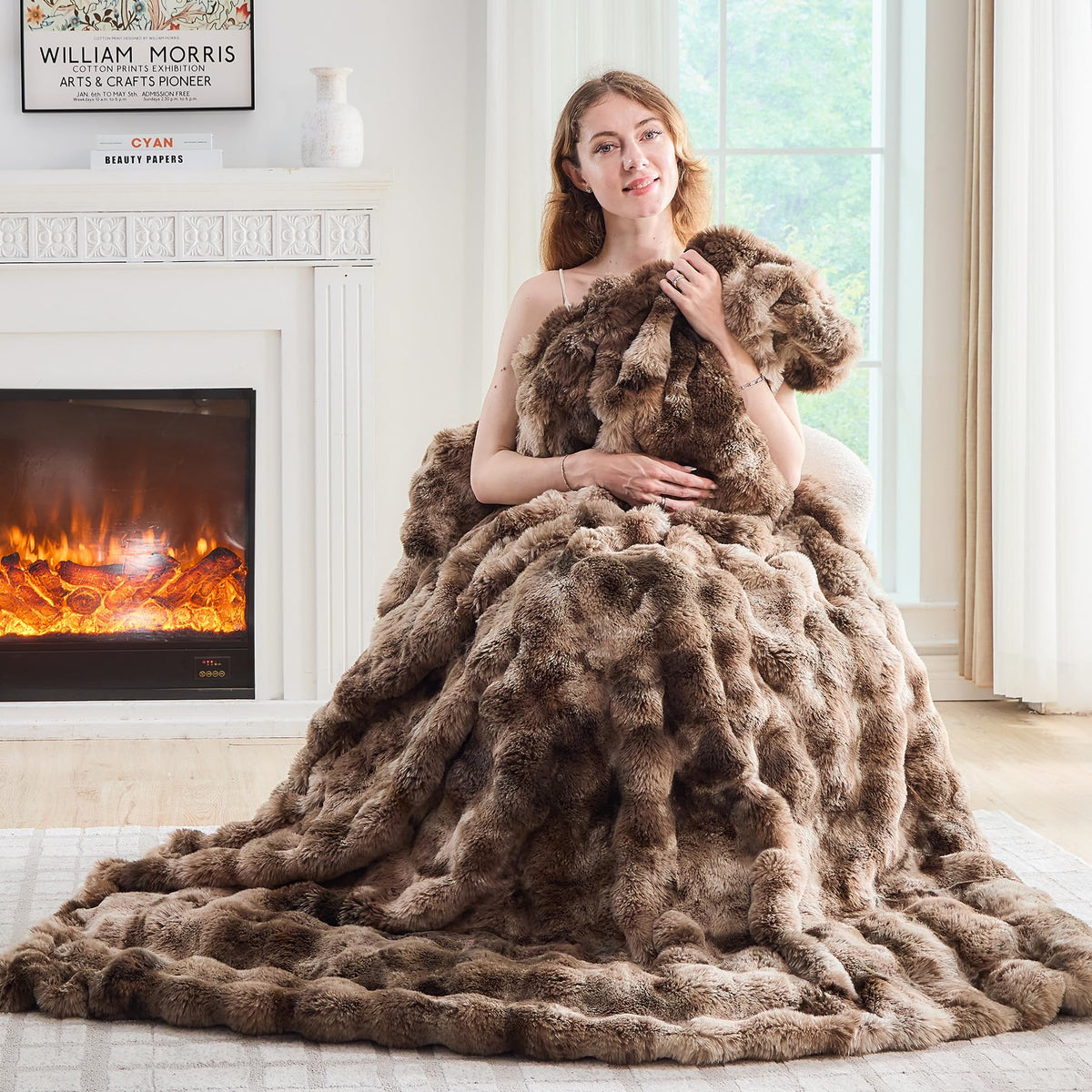 Lotus Karen Faux Fur Blanket - Cream White Twin Size, Big Bubble Rabbit Fluff, 60x80 Inches
