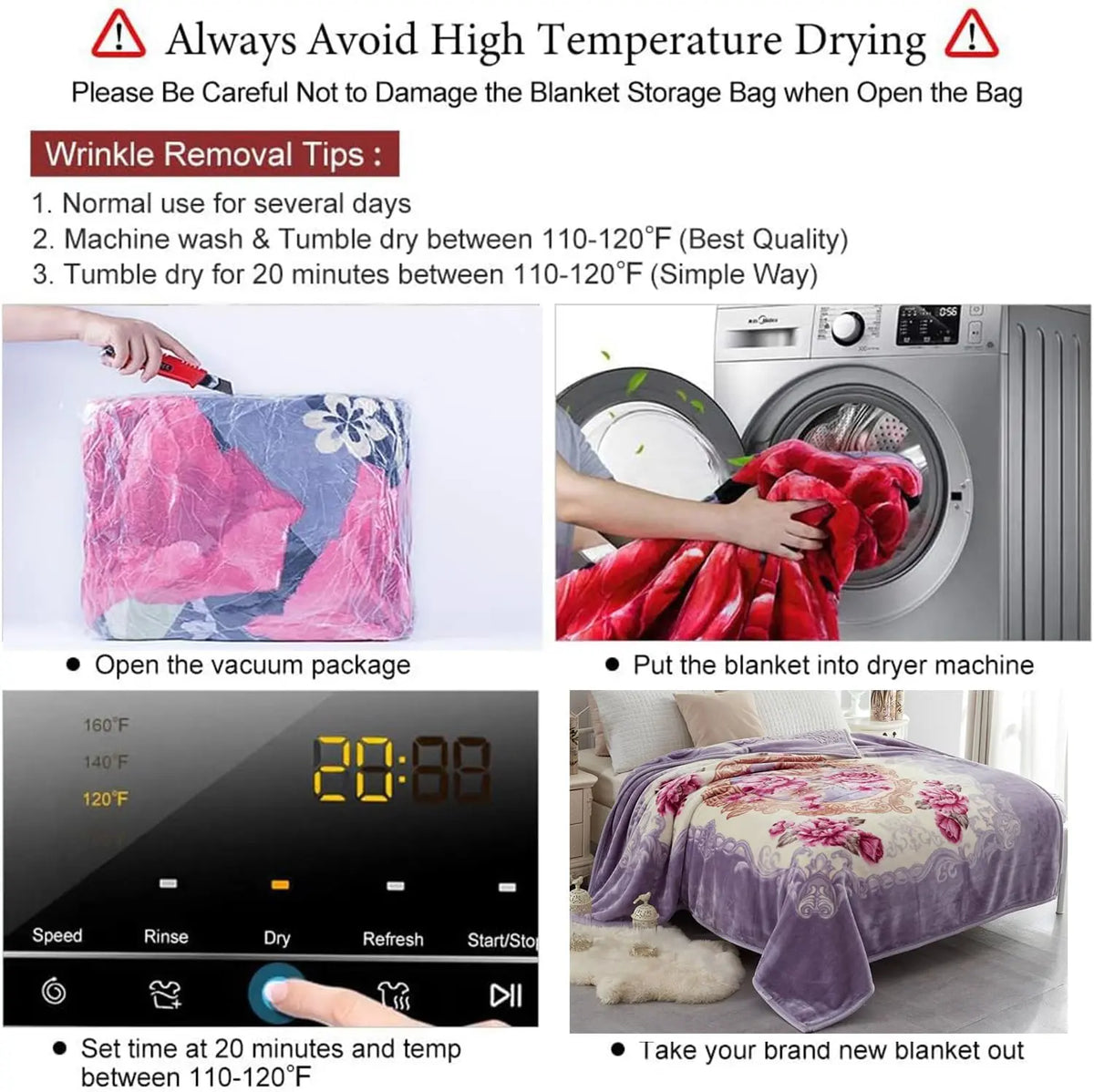 Queen Size Soft 2-Ply 520 GSM Reversible Plush Fleece Blanket, Floral Peony Motif Print, Modern Warm Bedding for Bed/Sofa, Hand Wash Only
