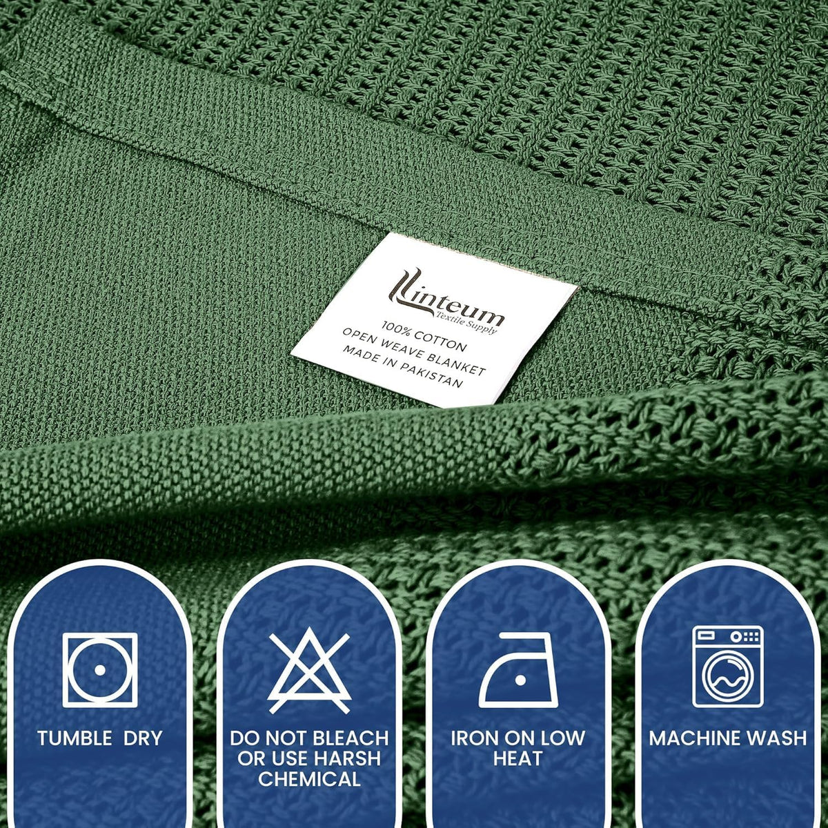Linteum 100% Cotton Open-Cell Leno Weave Blanket — Breathable All Season — Queen 90x90 — Hunter Green