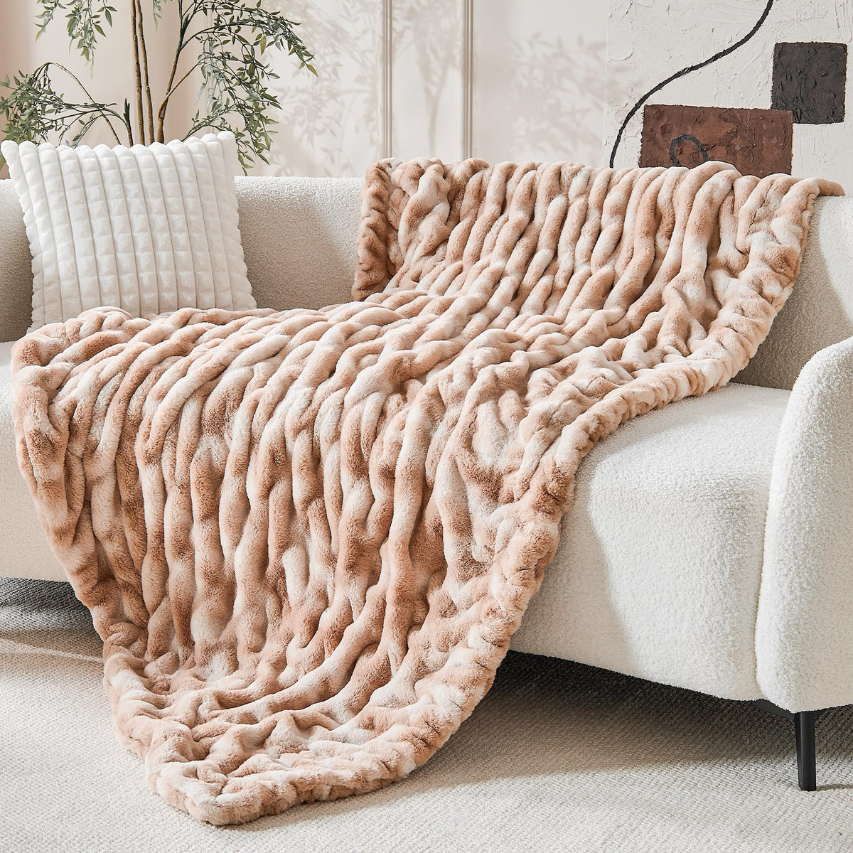 Double Sided Ruched Faux Rabbit Fur Throw Blanket,60x80,Driftwood