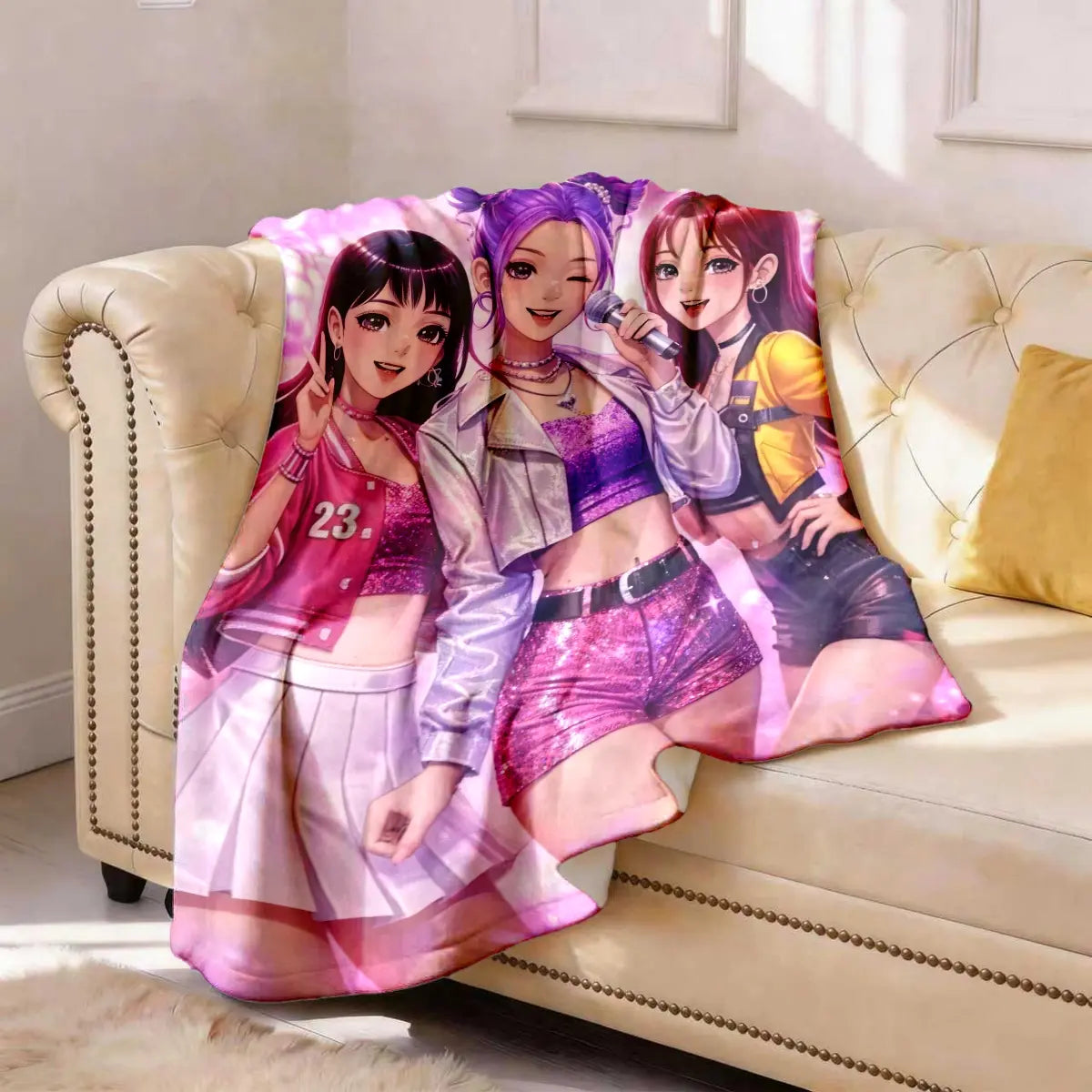 K-Pop Girl Group Illustration Flannel Blanket, Soft Blanket Throw, Large Size, Soft and Lightweight, Perfect for All Seasons, Ideal for Bed, Sofa, Office, Camping, Travel