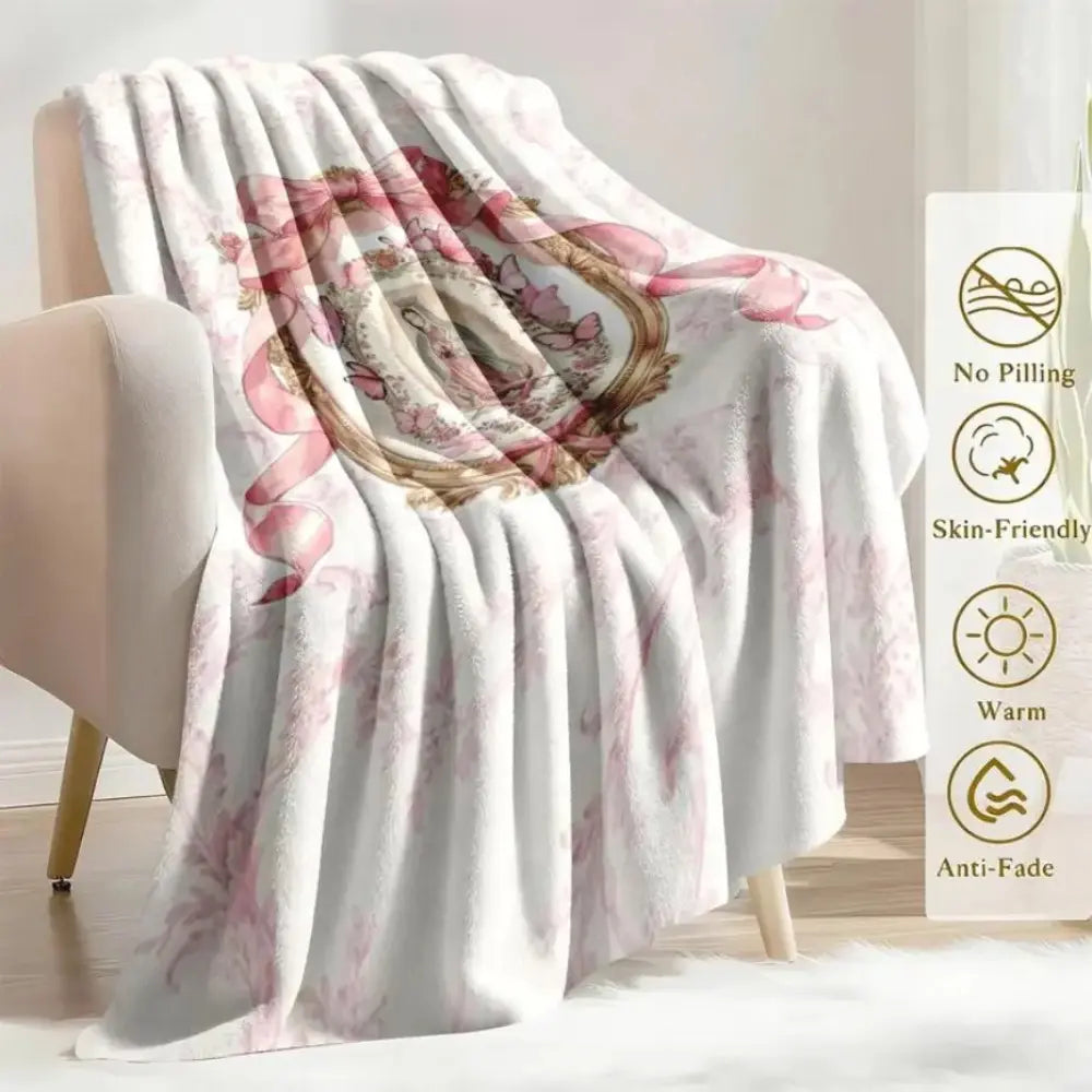 Virgin Mary Our Lady of Guadalupe Pink Bow Frame Flannel Blanket Soft Funny Throw Blanket Cozy Lightweight Plush Portable Cover Blanket For Sofa,Warm Gift For Birthday,Christmas,Multiple Blanket Cozy Chic Blanket Flannel Throw Blankets