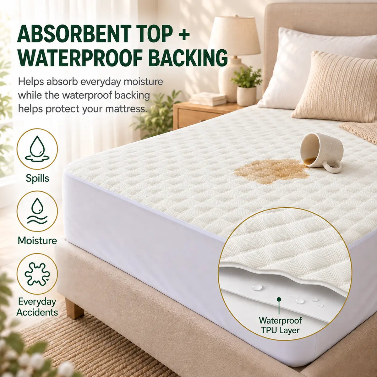 Waterproof Mattress Protector Pad, Organic Cotton & Bamboo Blend, Soft Breathable Noiseless Waffle Surface, Deep Pocket Fits Mattresses 8–18 in
