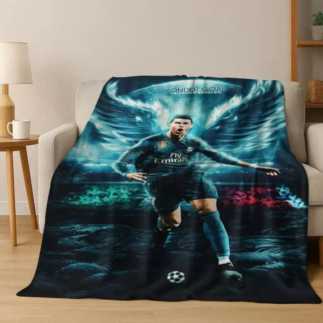 3D GOAT Ronaldo Cartoon Flannel Blanket - Polyester Fiber Throw, Cozy Warm Fluffy Soft Durable Fleece Blanket for Adults, Home & Travel Use on Sofa Bed Birthday Christmas Gift
