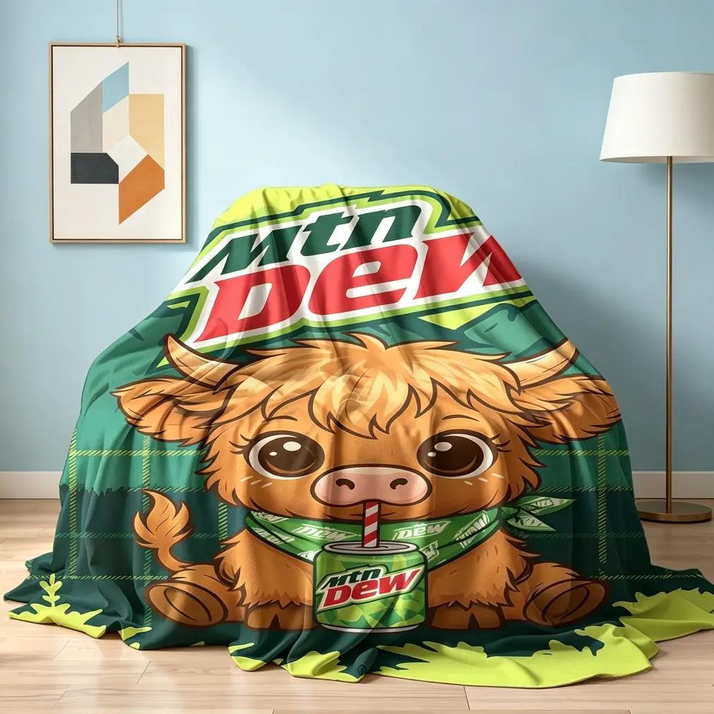 Mtn Dew Highland Cow Fleece Throw Blanket - Highland Cow Print, Cartoon Animal Print with Mountain Dew Drinking Graphic, Soft Cozy for Fans, Highland Cow Print Blankets, Cartoon Animal Print Blankets