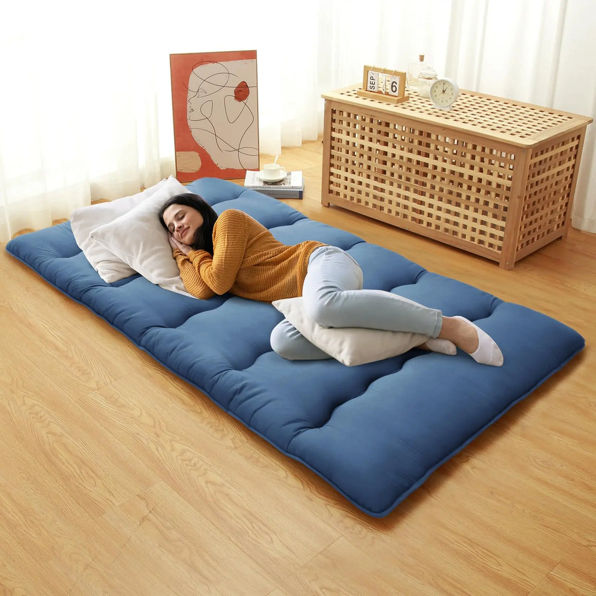 GARVEE Japanese Futon Mattress Twin Size, Tatami Floor Mat, Roll-Up Camping Mattress Pad in Wave Navy - Comfortable and Portable Sleeping Solution for Versatile Use