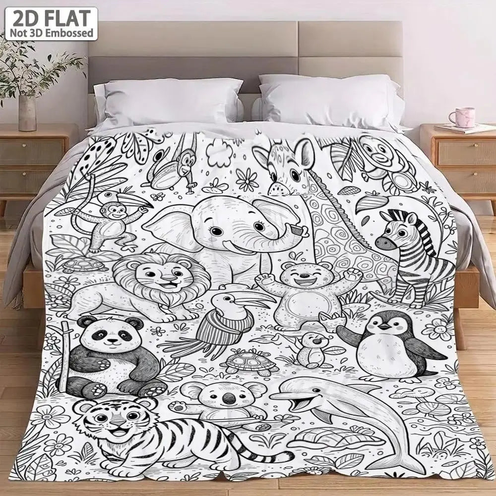 （No markers included）Flannel Throw Blanket with 2D Flat Jungle-Ocean Animal Line Art - Wrinkle Resistant, Anti-Pill, Fluffy, Machine-Washable All-Season Accent Blanket for Sofa, Nap, Child Gift, Throw Blankets, Flannel Fabric