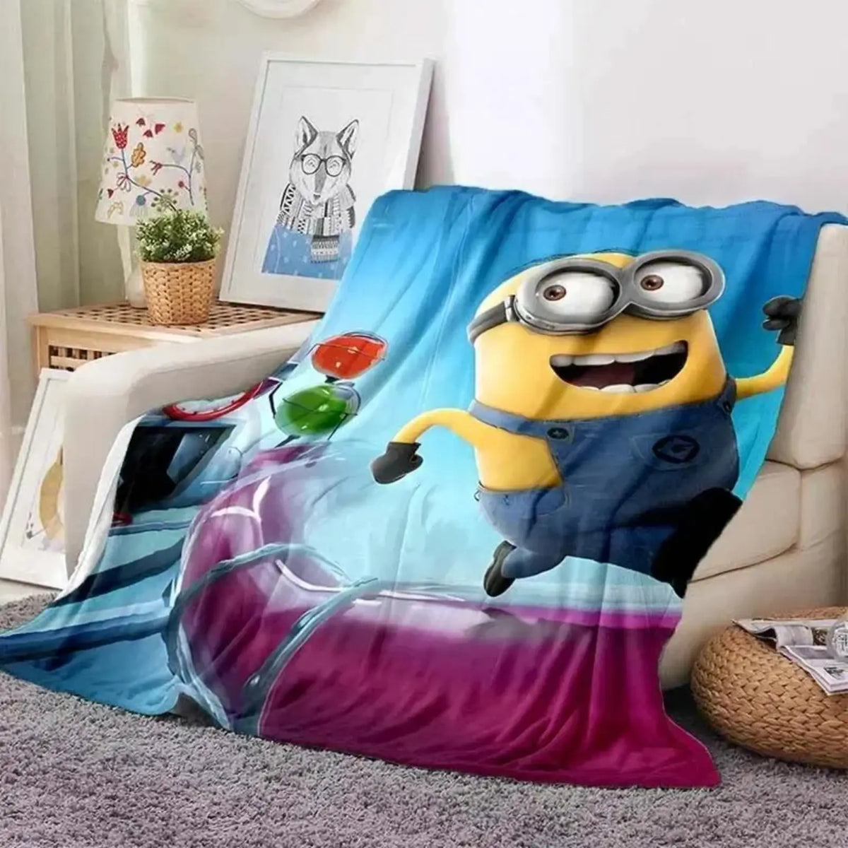 Cute Minions Printed Flannel Blanket 6 Sizes Soft Cozy Lightweight AC Throw Blanket Kids Adults Sofa Bed Bedroom Living Room Outdoor Travel Cartoon Bedding Movie Night Home Decor Gift Halloween Christmas Birthday Viral Blanket