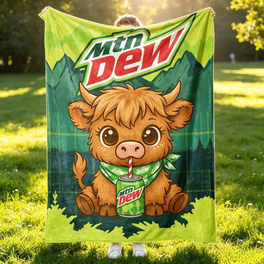 Mtn Dew Highland Cow Fleece Throw Blanket - Highland Cow Print, Cartoon Animal Print with Mountain Dew Drinking Graphic, Soft Cozy for Fans, Highland Cow Print Blankets, Cartoon Animal Print Blankets