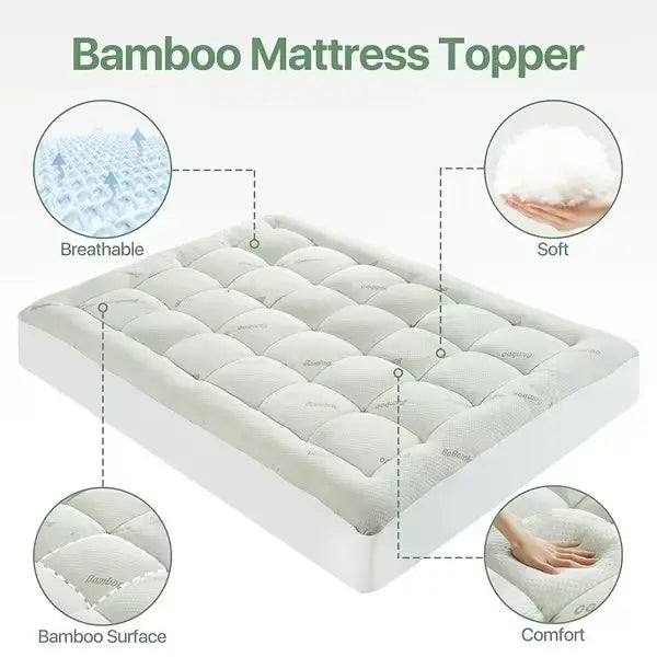 Bamboo Thick Mattress Topper, Breathable Bamboo Fiber & Microfiber Fill, Supportive Bedding Mattress Pad for Home Hotel Dorm with 8-21" Deep Pocket