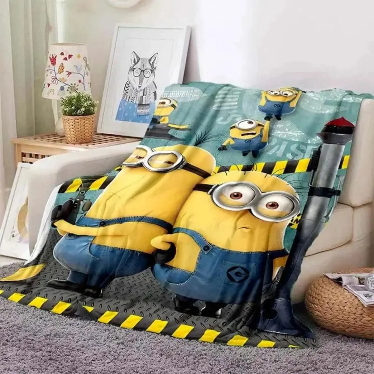 Cute Minions Printed Flannel Blanket 6 Sizes Soft Cozy Lightweight AC Throw Blanket Kids Adults Sofa Bed Bedroom Living Room Outdoor Travel Cartoon Bedding Movie Night Home Decor Gift Halloween Christmas Birthday Viral Blanket