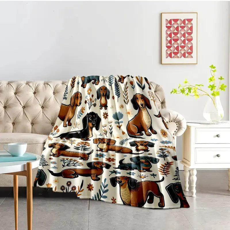 Super Soft Cute Dachshund Print 3D Flannel Throw Blanket - Polyester Fabric, Cozy Setup Essential, Blankets for Bed, Ideal Wedding Gift, All-Season, Washable, Lightweight, Breathable, Comfortable, Warm, Unique