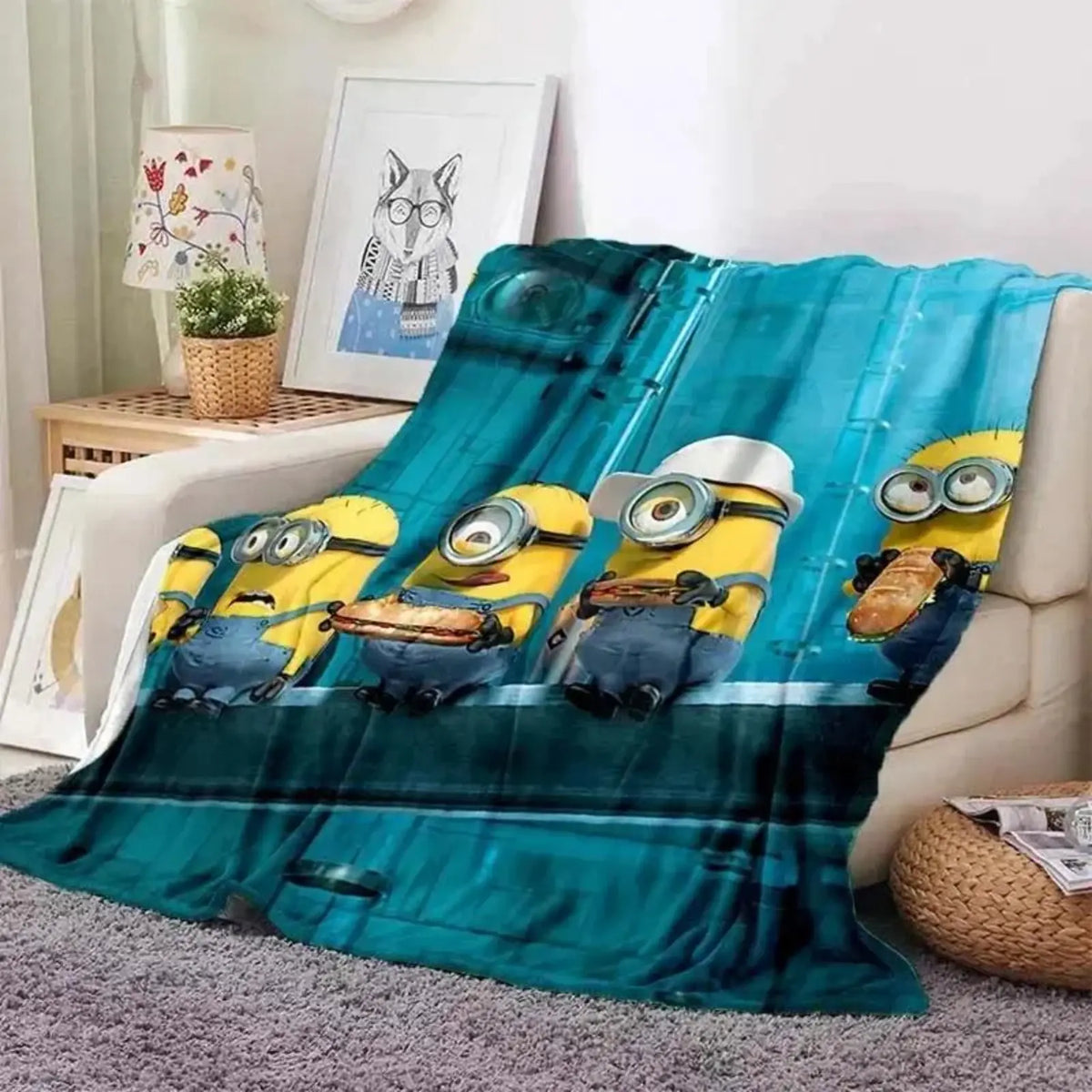 Cute Minions Printed Flannel Blanket 6 Sizes Soft Cozy Lightweight AC Throw Blanket Kids Adults Sofa Bed Bedroom Living Room Outdoor Travel Cartoon Bedding Movie Night Home Decor Gift Halloween Christmas Birthday Viral Blanket
